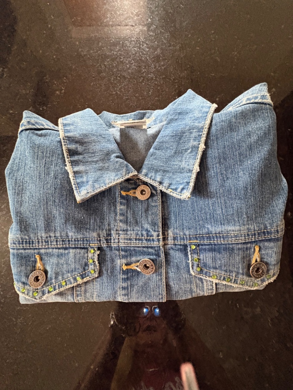Vintage Y2K YMI Cropped Denim Jacket Green Rhinestone Bling Size L - Picture 12 of 14